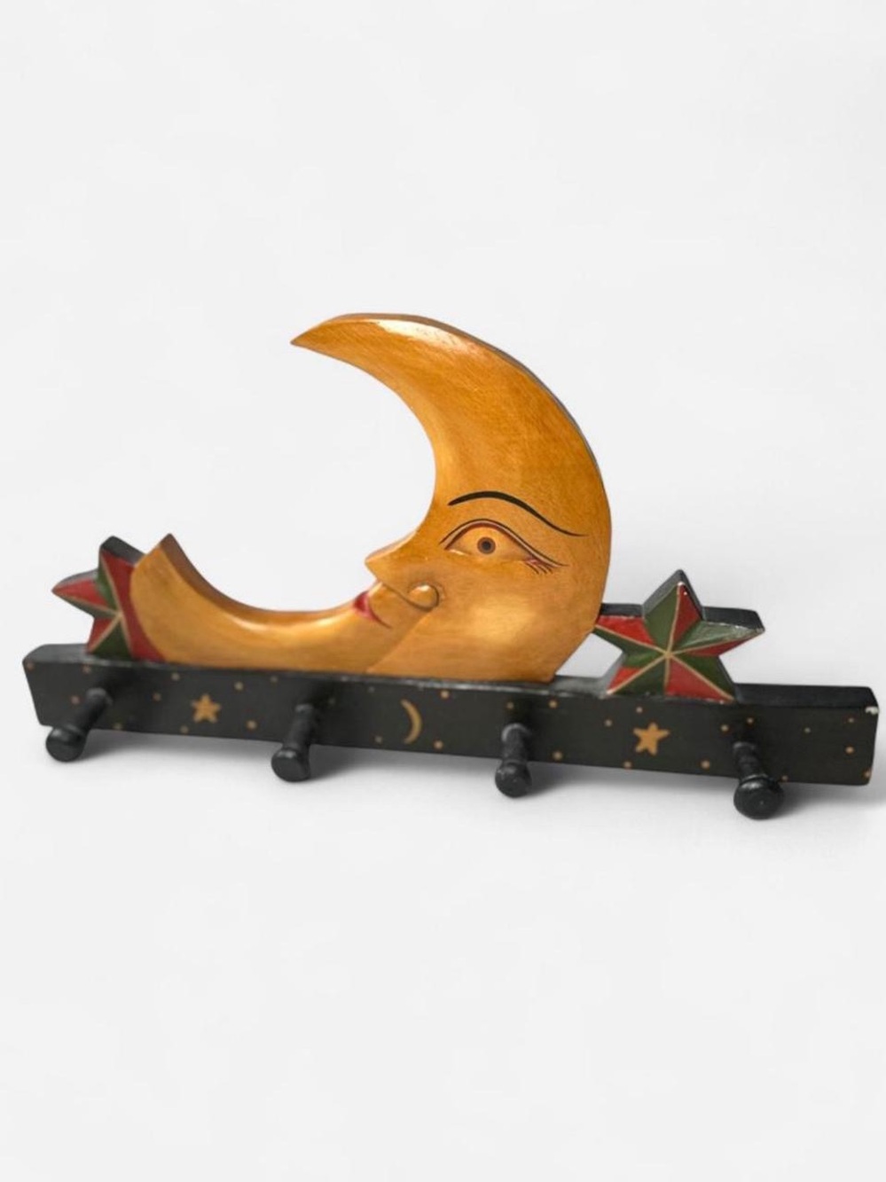 Vintage 90s Celestial Wall Hook, Wooden Moon and Stars, Whimsical
